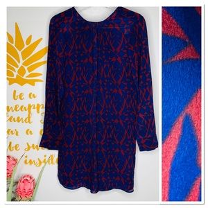 Zara Fitted Mini Geometric Blue Long Sleeve Dress Small